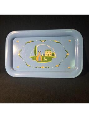 3 vintage, mid-century, metal snack serving trays, 14.25 inches by 8.75 inches.